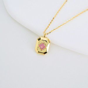Georgina Square Pink Crystal  Pendant 18K Gold Necklace S925